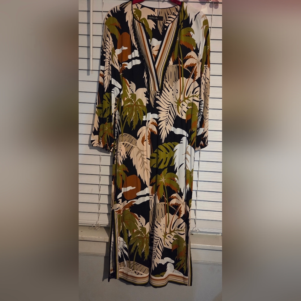 Marc Cain Deep Olive Tropical Print Loose Fit Midi Dress EUC Size N3 / 8 - Picture 3 of 16